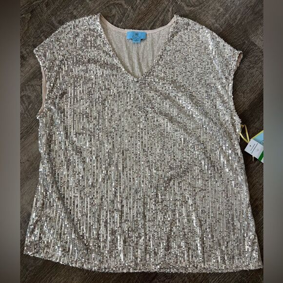 CeCe Sequined V-Neck Cap-Sleeve Silver Blouse-Size Large - Picture 1 of 6